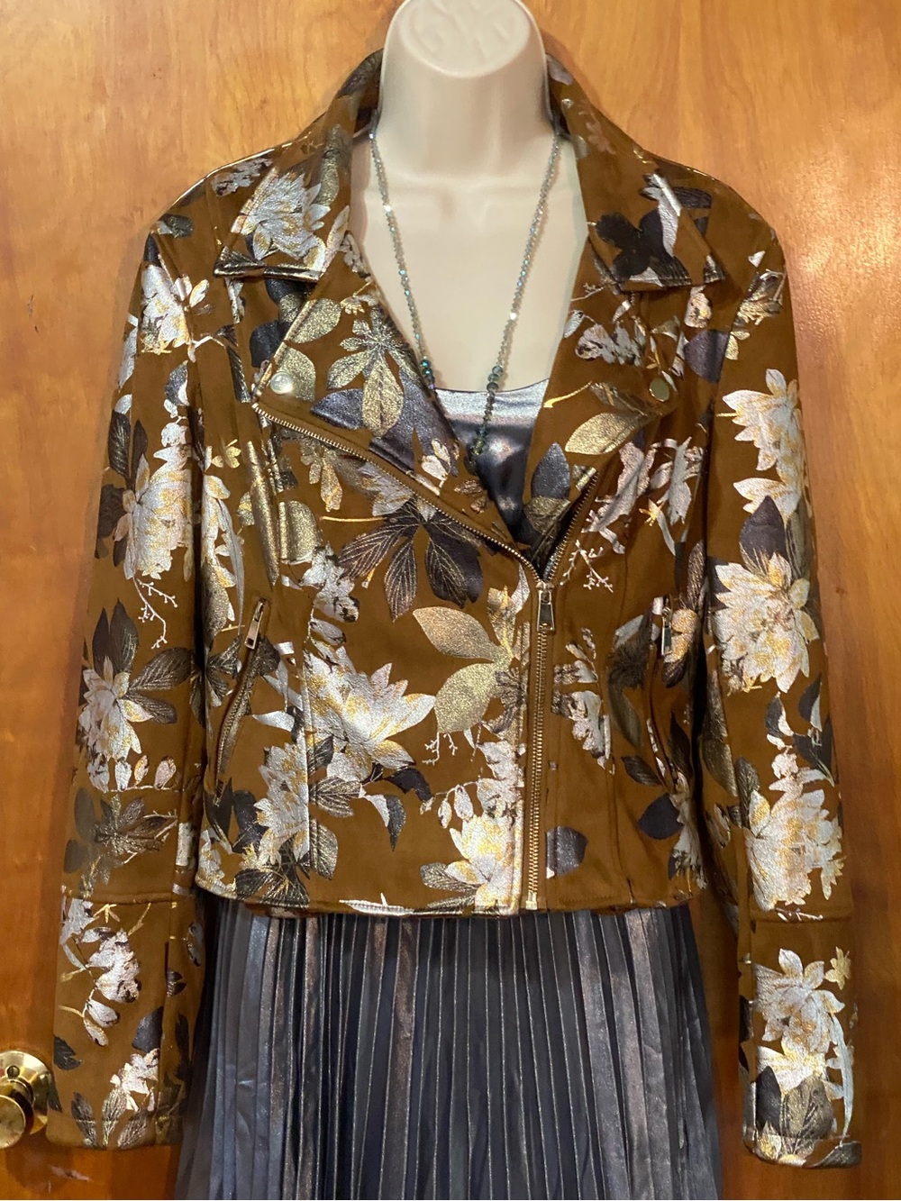 NWOT River Island moto jacket,tan faux suede,metallic silver floral embossed,8